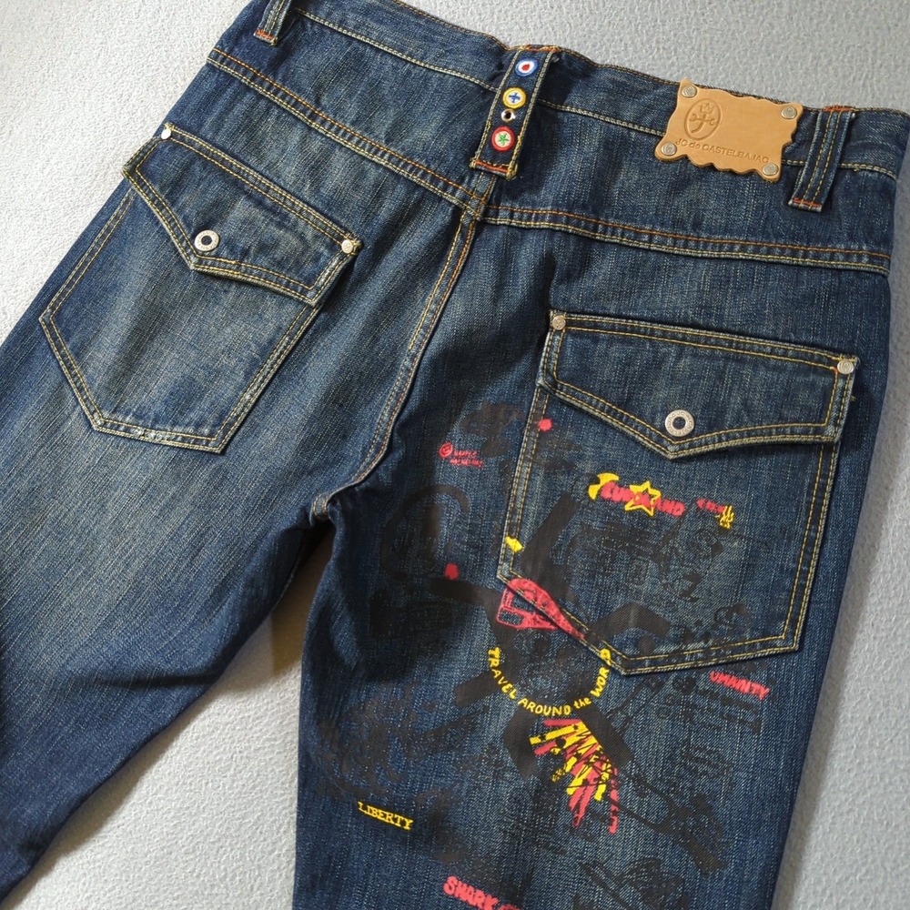 JC de Castelbajac Jeans Mens 36x34 Blue Graphic Print Straight Leg Button Fly